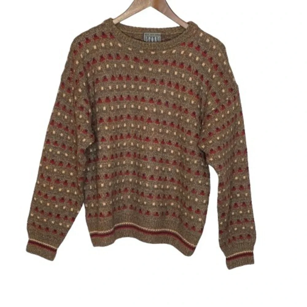 Vintage Mens Fair Isle Style Geometric Wool Blend Sweater M Brown Lodge Grandpa